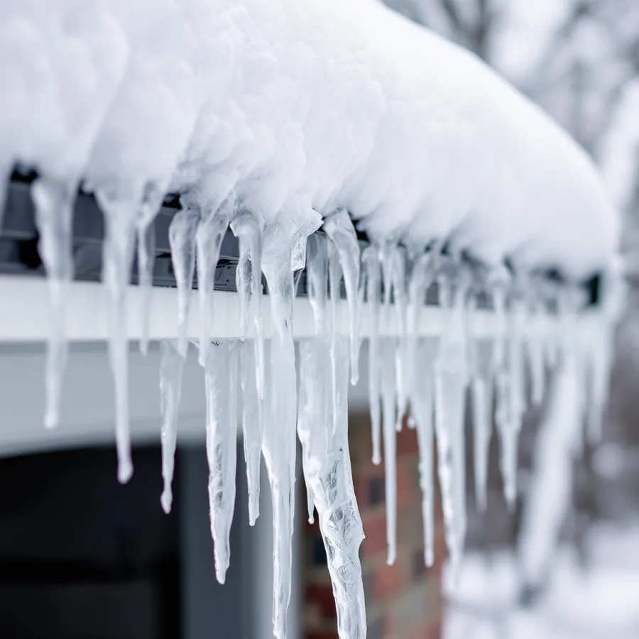 The eave of a snow-covered roof with a thick ridge of ice built up along the gutter and long icicles hanging from it