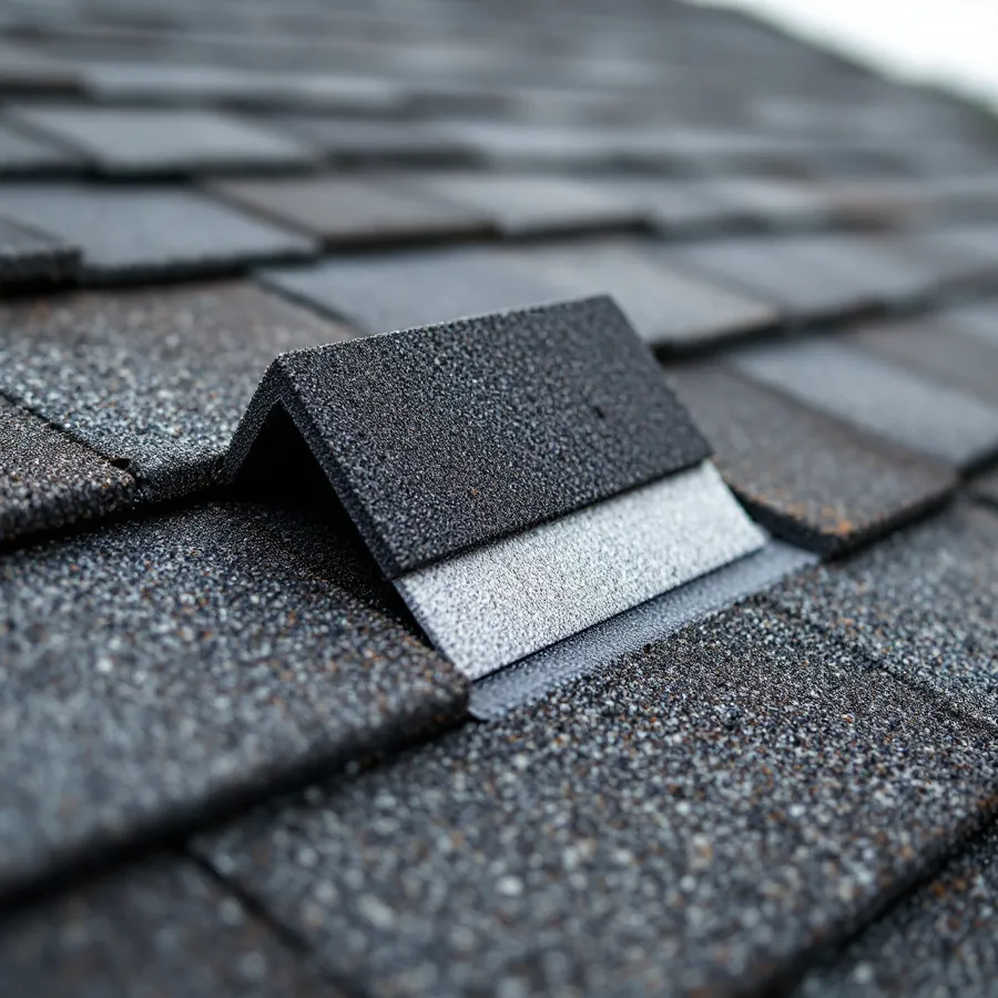 A single asphalt shingle tab lifted upward away from the roof, showing the pale unbonded adhesive strip underneath, with the surrounding shingles lying flat
