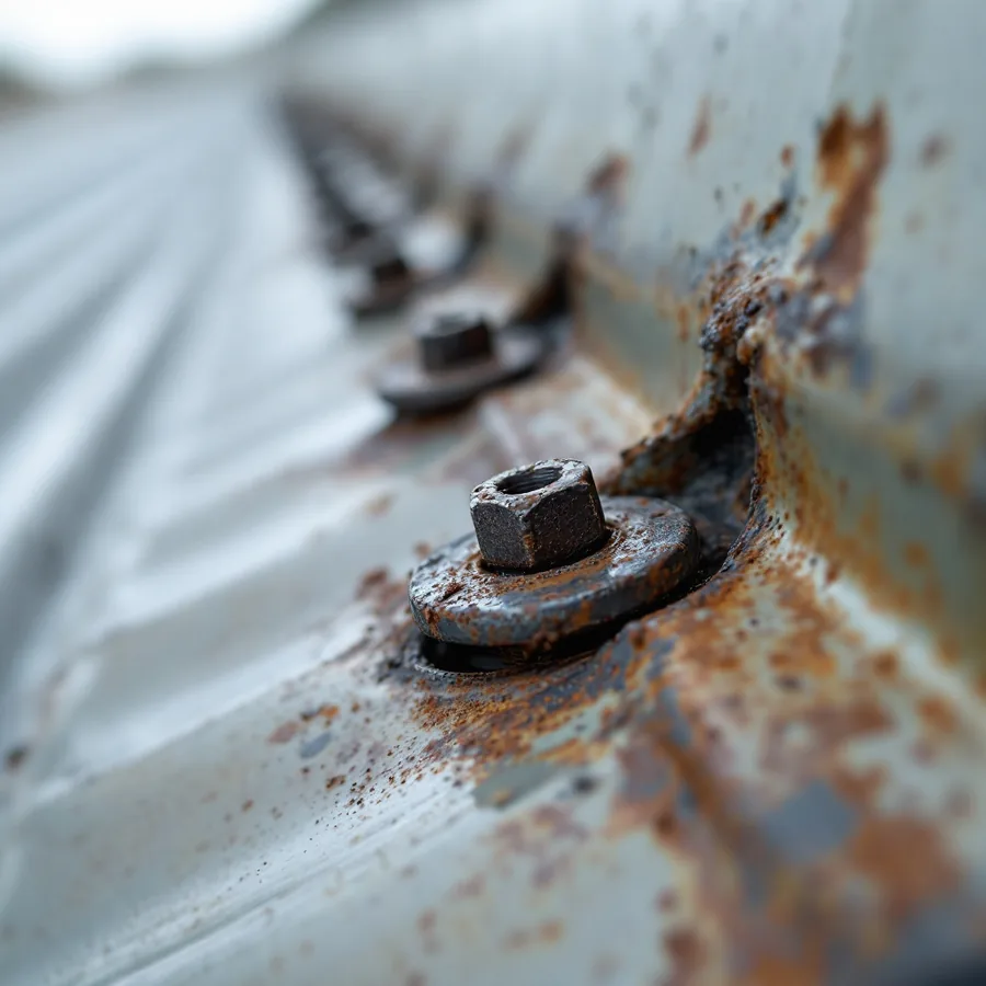Extreme close-up of a ribbed metal roof panel with exposed hex-head screws and rubber washers, one washer cracked and shrunken, rust spreading around it