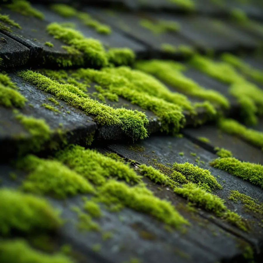 A shaded roof slope thick with green moss growing between and over the shingle courses, heaviest along the overlaps