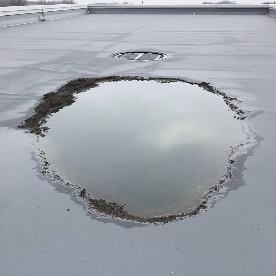 A flat grey membrane roof with a wide shallow puddle of standing water in the middle reflecting the sky, a dirt tide line around its edge and a drain nearby