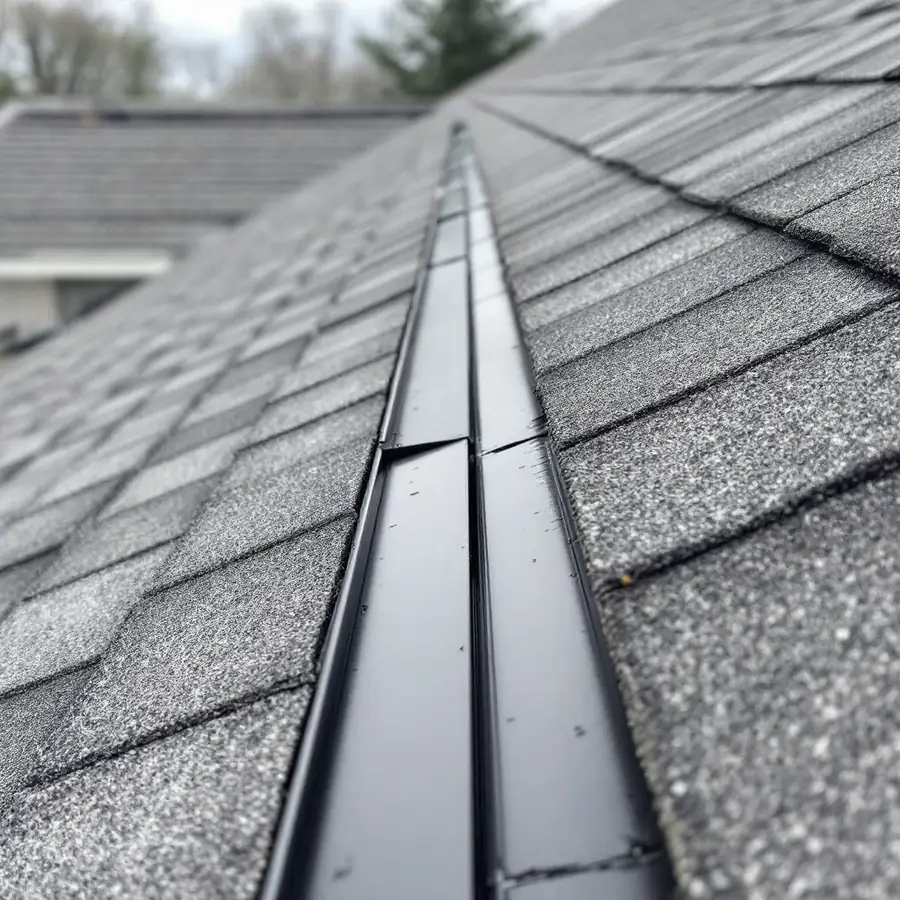 Close-up along the ridge of an asphalt shingle roof showing a low continuous ridge vent under cap shingles, with the vent slot visible at its edge