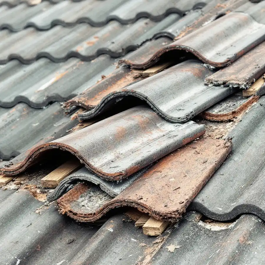 A clay tile roof with several curved tiles lifted off and stacked aside, exposing the dark brittle underlayment felt and the wooden battens beneath them