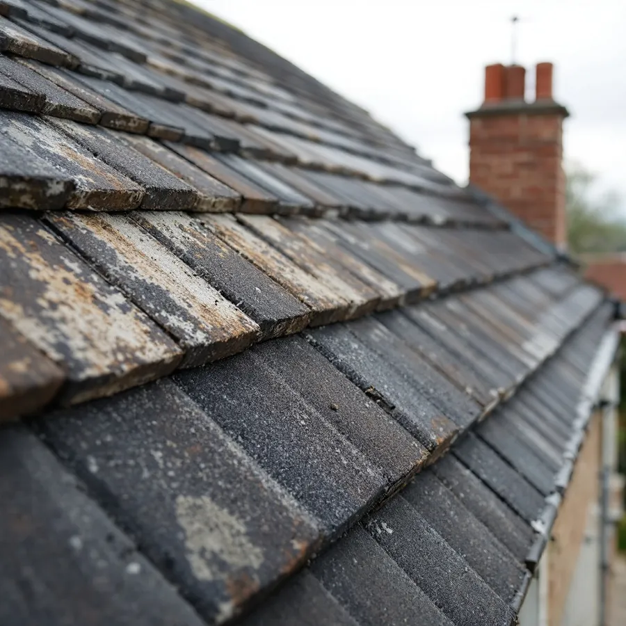 A house roof ridge seen from the side where two slopes meet, the left slope bleached and worn, the right slope darker and evenly coloured