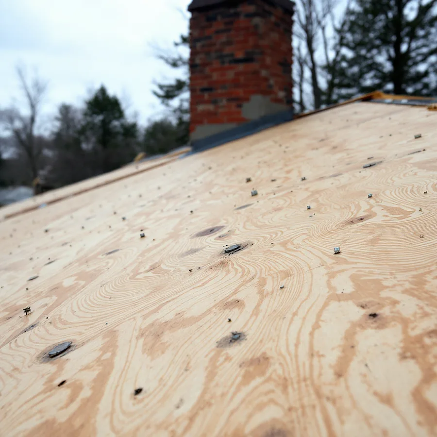 A residential roof stripped to bare plywood sheathing, rows of old nail holes and staple marks across the panels, the seams between sheets visible, a chimney base at the corner