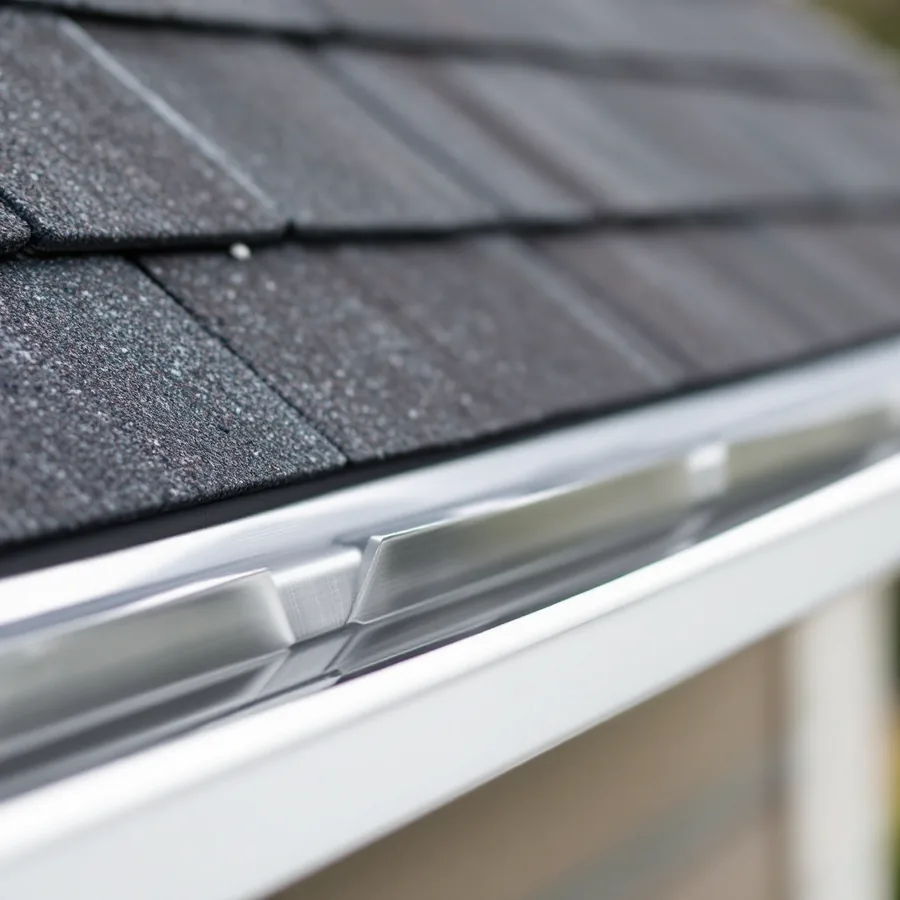 Close-up of new bright metal drip edge flashing along a roof eave with a starter strip of dark shingles over it and a white gutter below