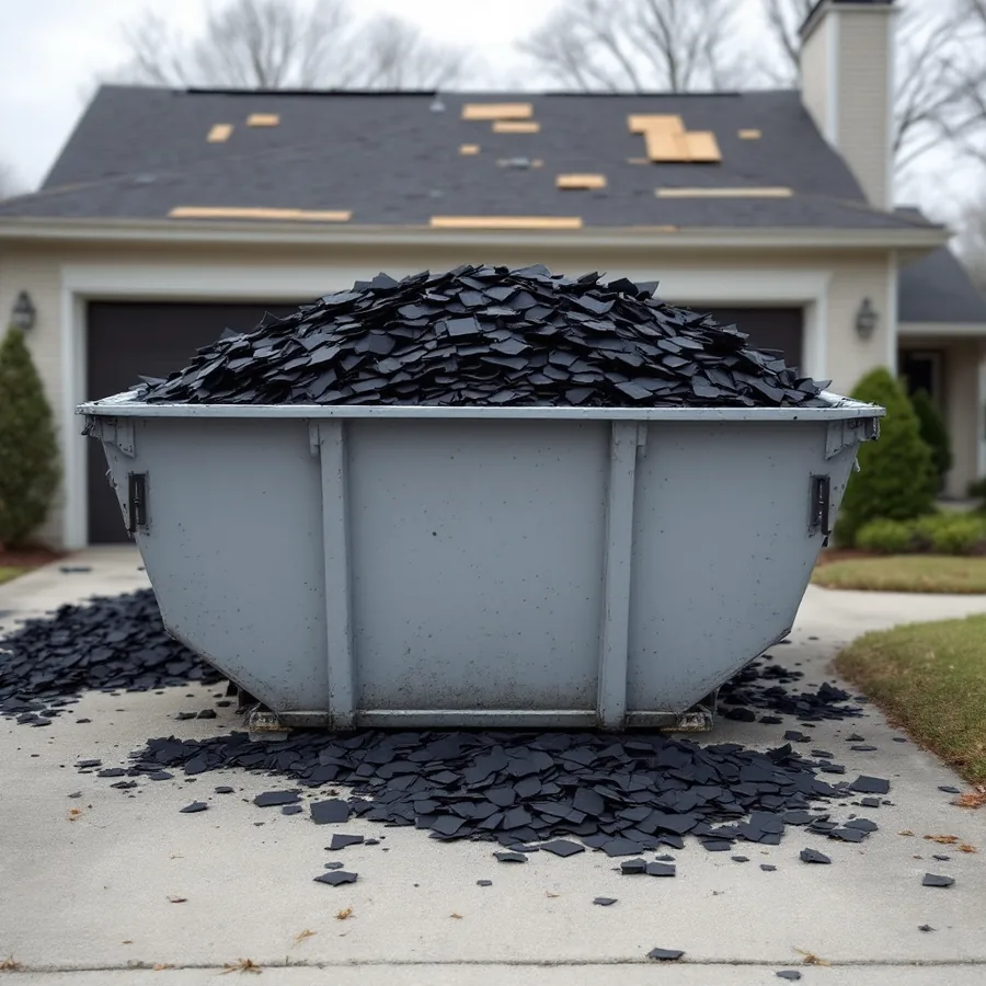 A plain unmarked grey roll-off dumpster on a residential driveway heaped with torn-off dark asphalt shingles, a house with a partly stripped roof behind it
