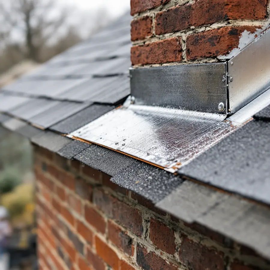 Bright new step flashing where a shingle roof meets a brick chimney, the metal pieces overlapping in a neat stair pattern with fresh shingles laid over them