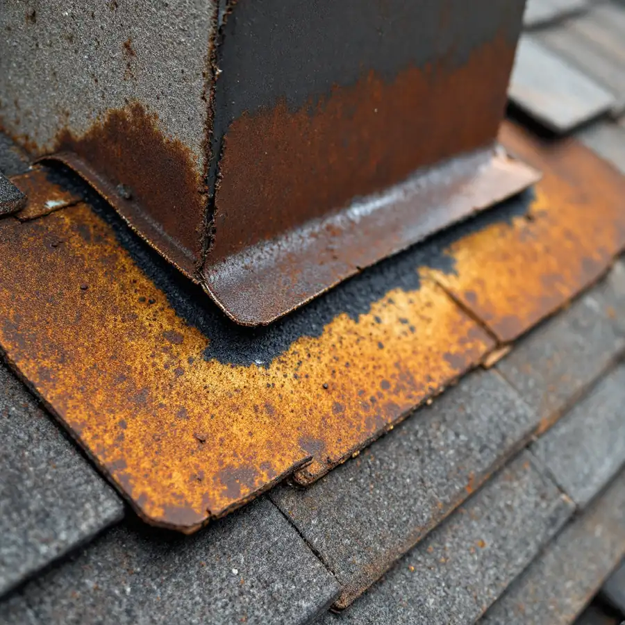 Old rusted roof flashing at a chimney reused under new shingles, the metal corroded and bent with a visible gap and a smear of black roofing tar