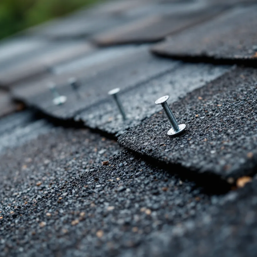 Macro photograph of roofing nails driven through a dark asphalt shingle in a straight row, the flat round heads visible against the granules, one nail driven crooked and sunk too deep