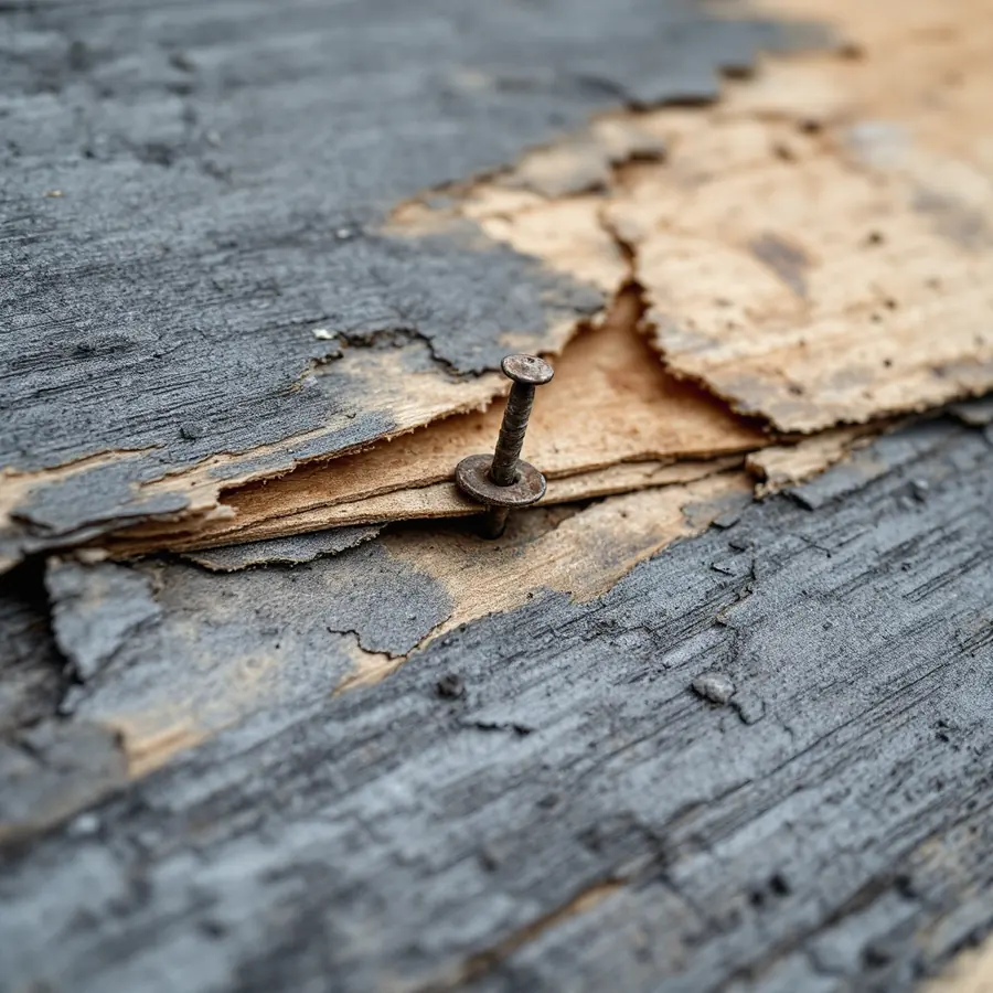 Close-up of water-damaged roof sheathing: dark grey stained plywood with swollen delaminated layers sagging around a rusted nail, sound tan plywood around it