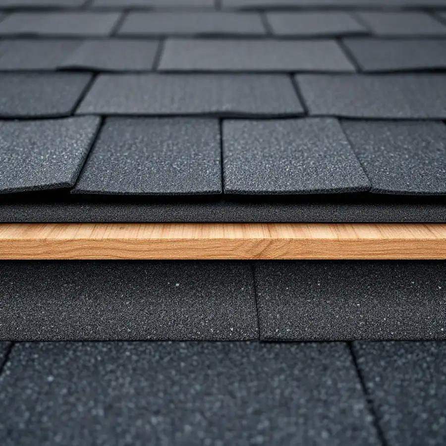Extreme close-up of the cut edge of a roof showing two distinct layers of asphalt shingles stacked over each other on the wooden deck, the layers clearly separated in cross section