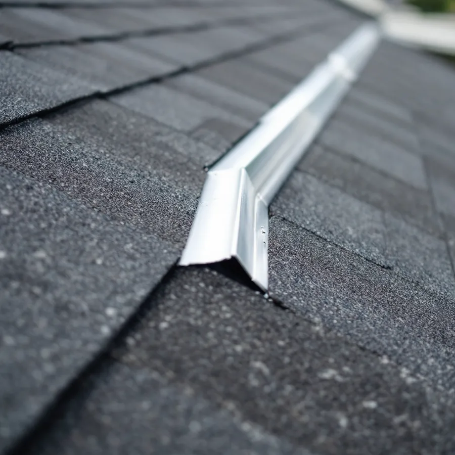 Close-up of a roof valley where two shingle slopes meet, lined with bright metal valley flashing, dark asphalt shingles cut in a clean straight line on both sides