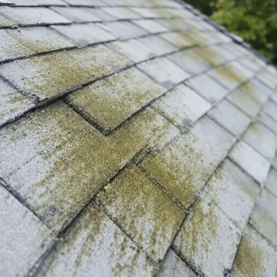 Light gray asphalt shingles with dark greenish algae staining running down the slope, the shingles themselves flat and undamaged