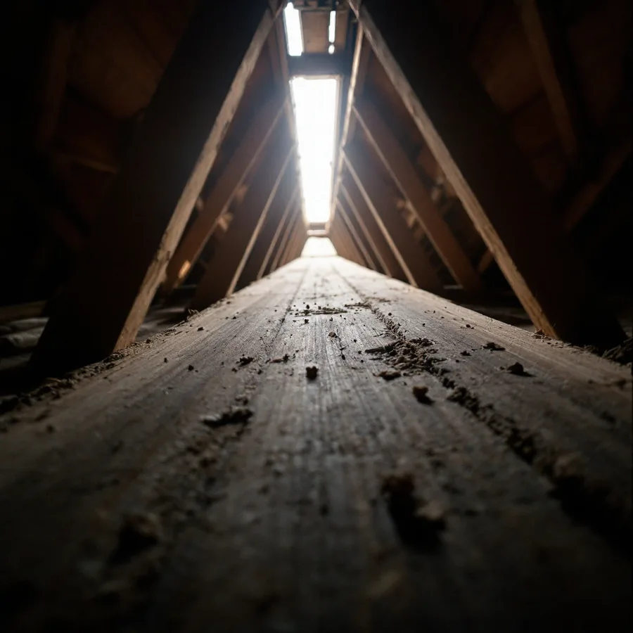 Interior of a residential attic looking along the roof decking towards daylight entering at the ridge, with dust visible in the light
