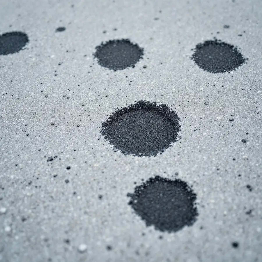 Close-up of a light gray asphalt shingle with dark circular patches where hail has knocked the mineral granules away, exposing the black asphalt underneath
