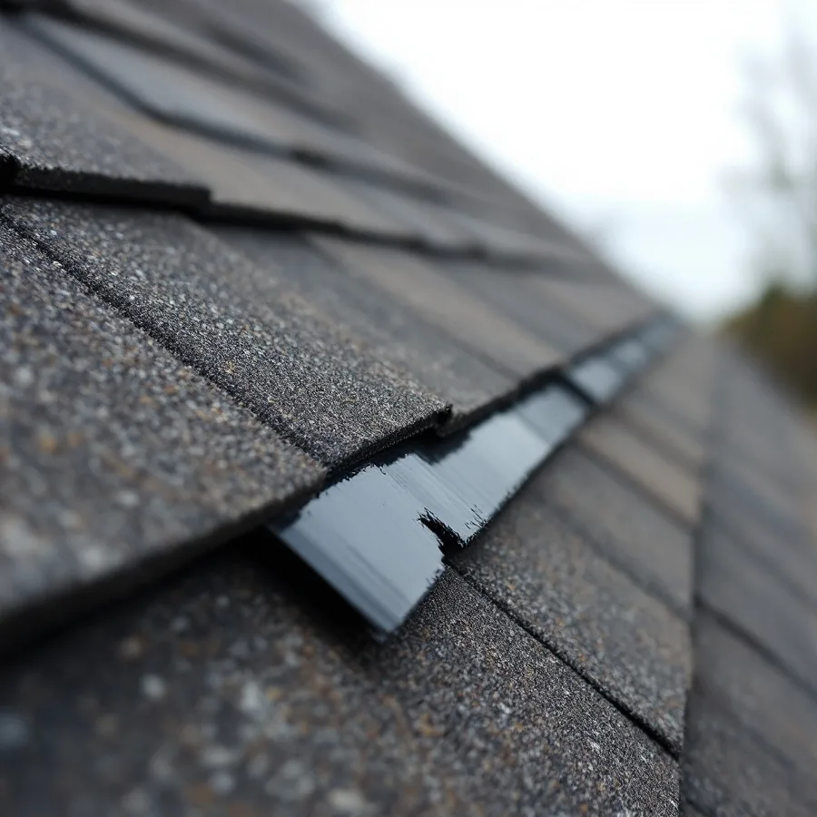 An asphalt shingle tab lifted by wind at a roof edge, revealing the black sealant strip beneath that is no longer bonded