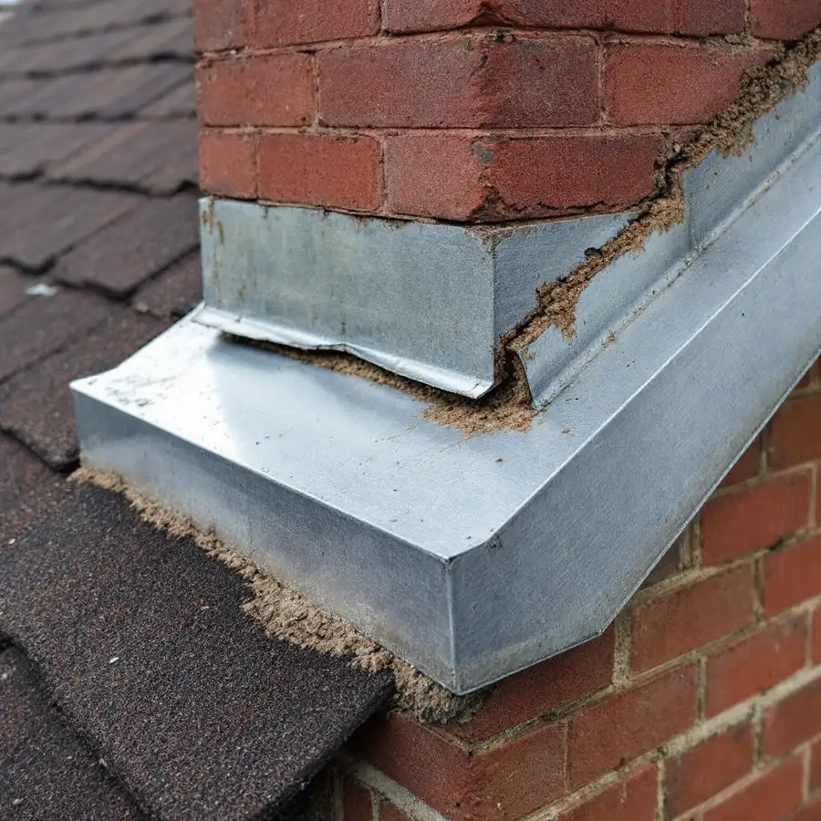 Metal step flashing where a roof slope meets a brick chimney, lifted away from the masonry with a visible gap and failed sealant along the joint