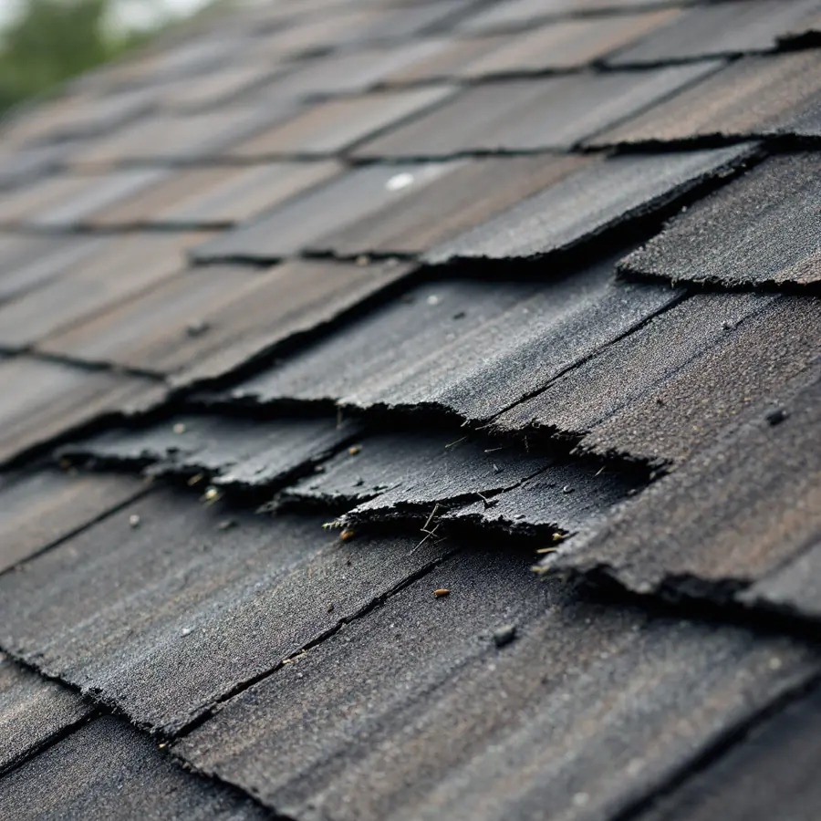 Asphalt shingles along a roof edge torn and broken by wind, the damaged courses ragged while shingles further down the slope remain flat