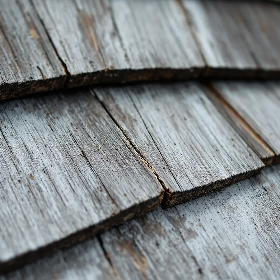 Weathered gray cedar shake roofing with a fresh split running along the grain, the exposed wood inside noticeably paler than the surface