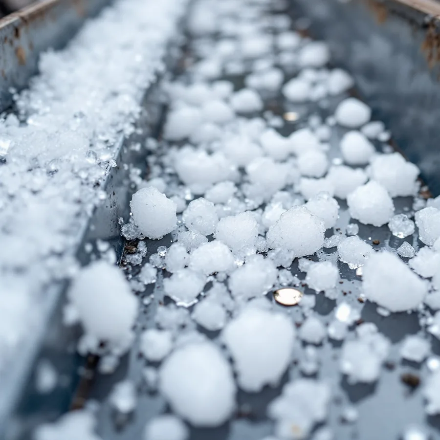 Hailstones of noticeably different sizes collected in a metal roof gutter after a storm