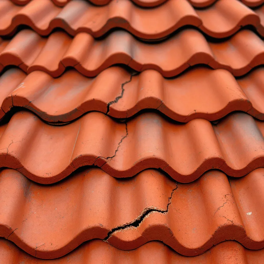 Terracotta barrel roof tiles where individual tiles have cracked from impact while the tiles around them remain intact