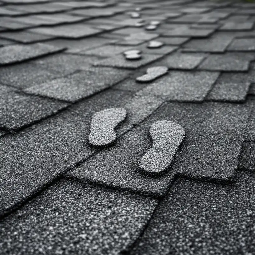 Asphalt shingle roof with pale scuff marks in the shape of footprints running in a line across the slope where the granules have been worn away by someone walking on it