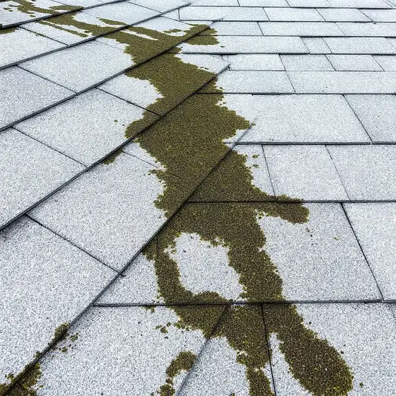 A light gray asphalt shingle roof with dark greenish-black algae streaks running down the slope, shingles otherwise flat and undamaged