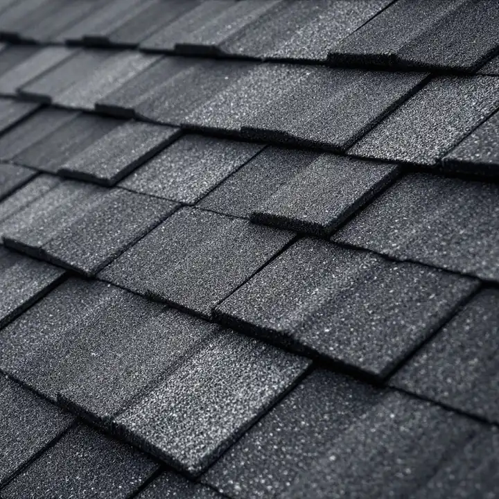 Close-up of architectural asphalt shingles with thick laminated tabs and an irregular staggered lower edge casting shadow lines