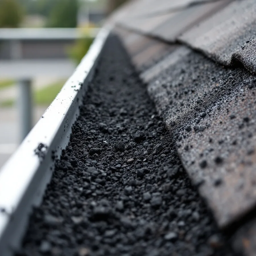 A white metal roof gutter filled with dark asphalt shingle granules washed off the roof
