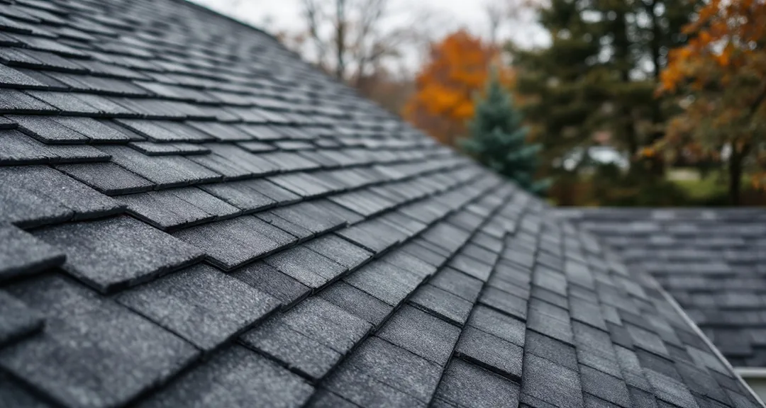 Suburban house roof covered in dark gray architectural asphalt shingles, the irregular dimensional pattern visible across the slope