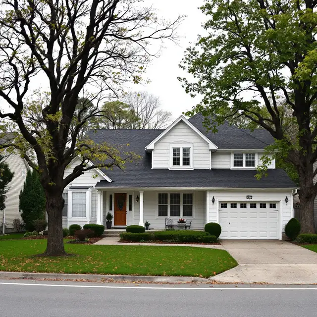 A two-story suburban house from the street with a new dark gray architectural shingle roof