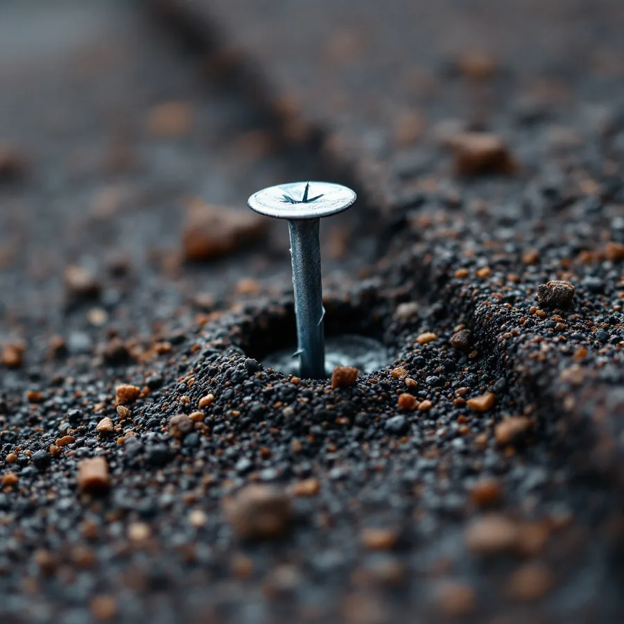Extreme close-up of a roofing nail head driven flush against an asphalt shingle, granule texture around it