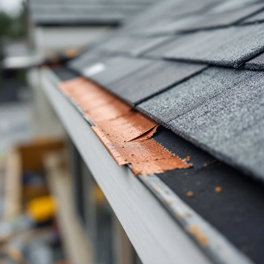 The eave edge of a roof under construction with a continuous starter strip along the drip edge and the first course of shingles above it
