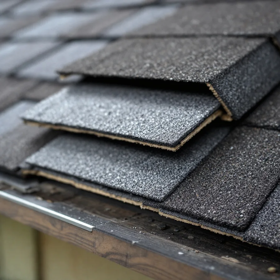 A roof edge showing two stacked layers of asphalt shingles over the wooden deck, the older layer visible beneath the newer one