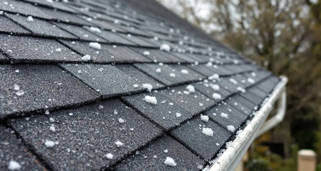 Hailstones lying on dark asphalt shingles and along the gutter line of a residential roof shortly after a severe hailstorm